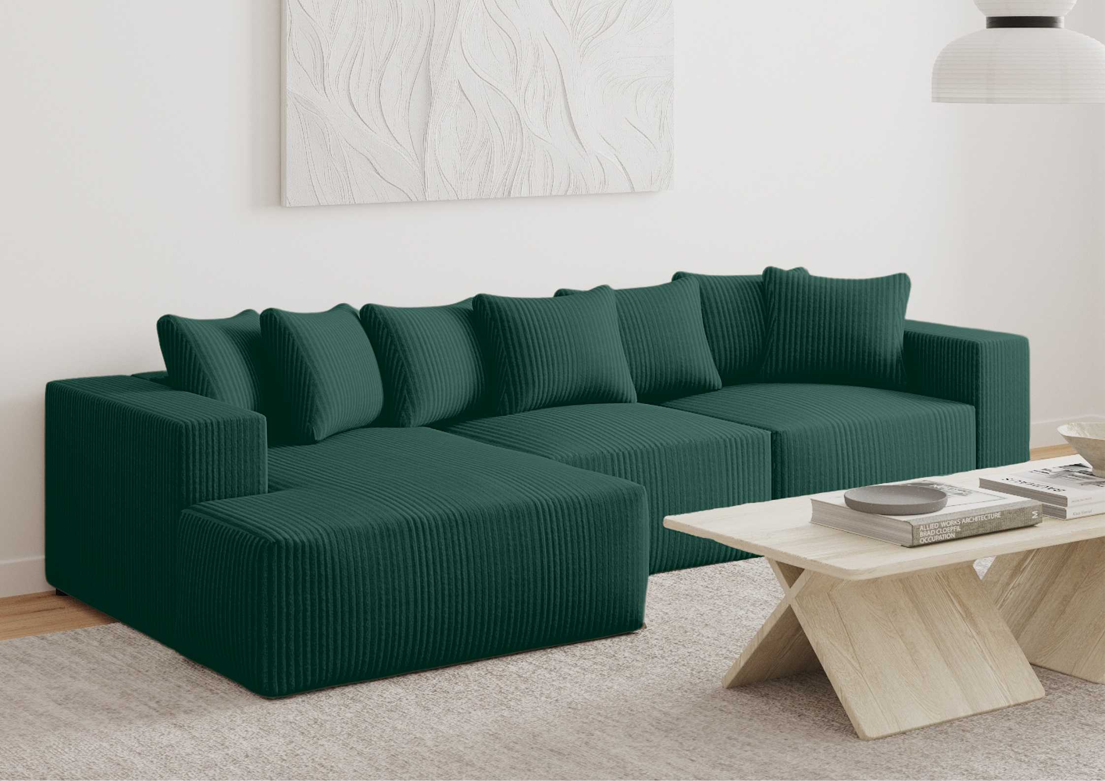 Lewy narożnik w sztruksie z funkcją spania Duży narożnik w stylu loft Kolor zielony